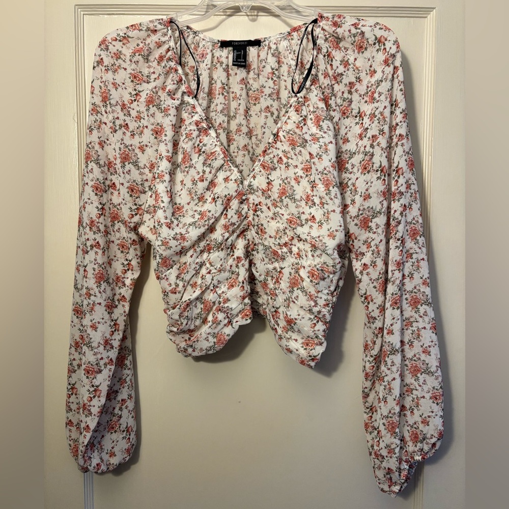Forever 21 Floral Ruched Blouse - White and Floral